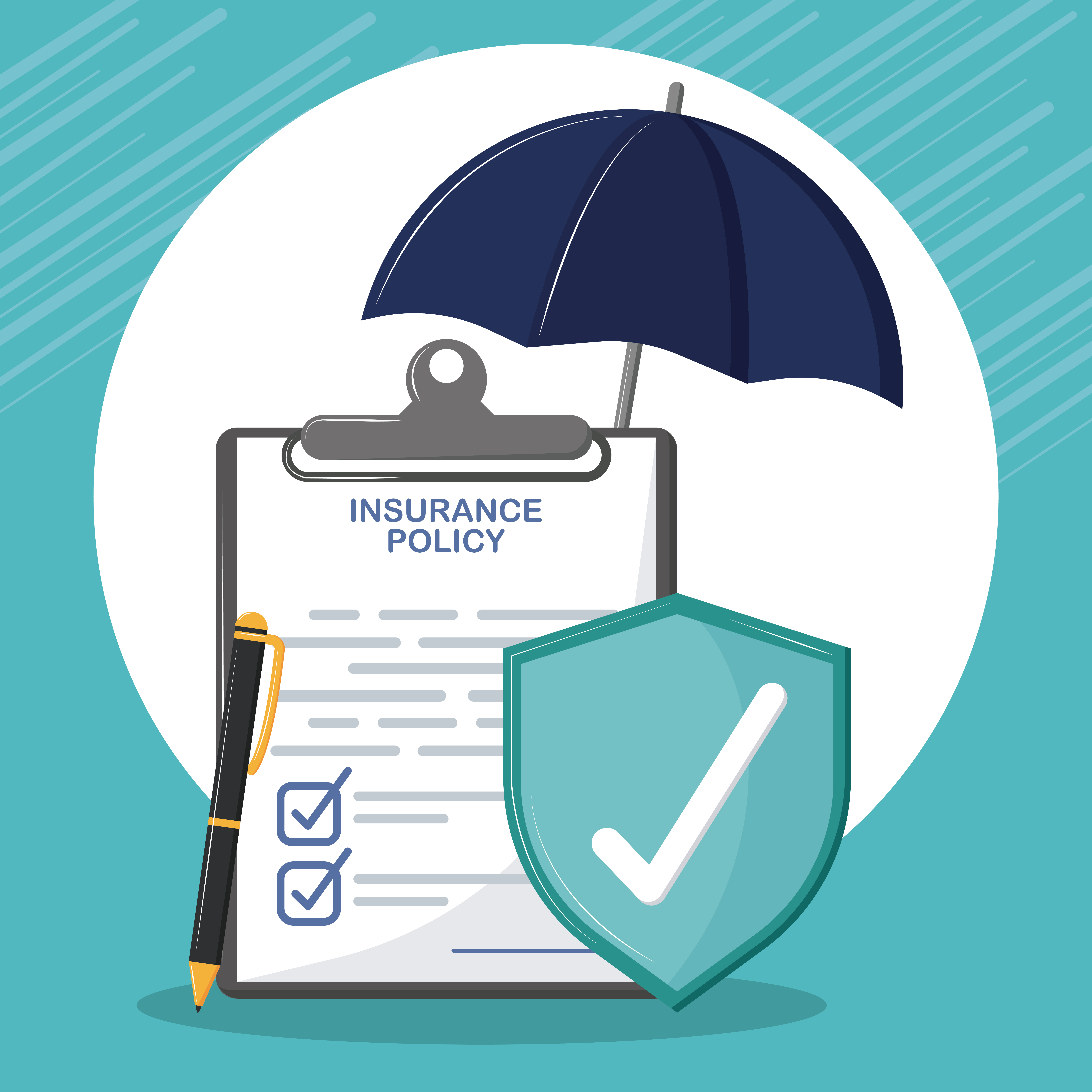 Insurance policy checklist with an umbrella and shield representing protection against underinsuranc
