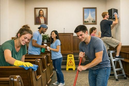 Church volunteers working together during church activities and property maintenance